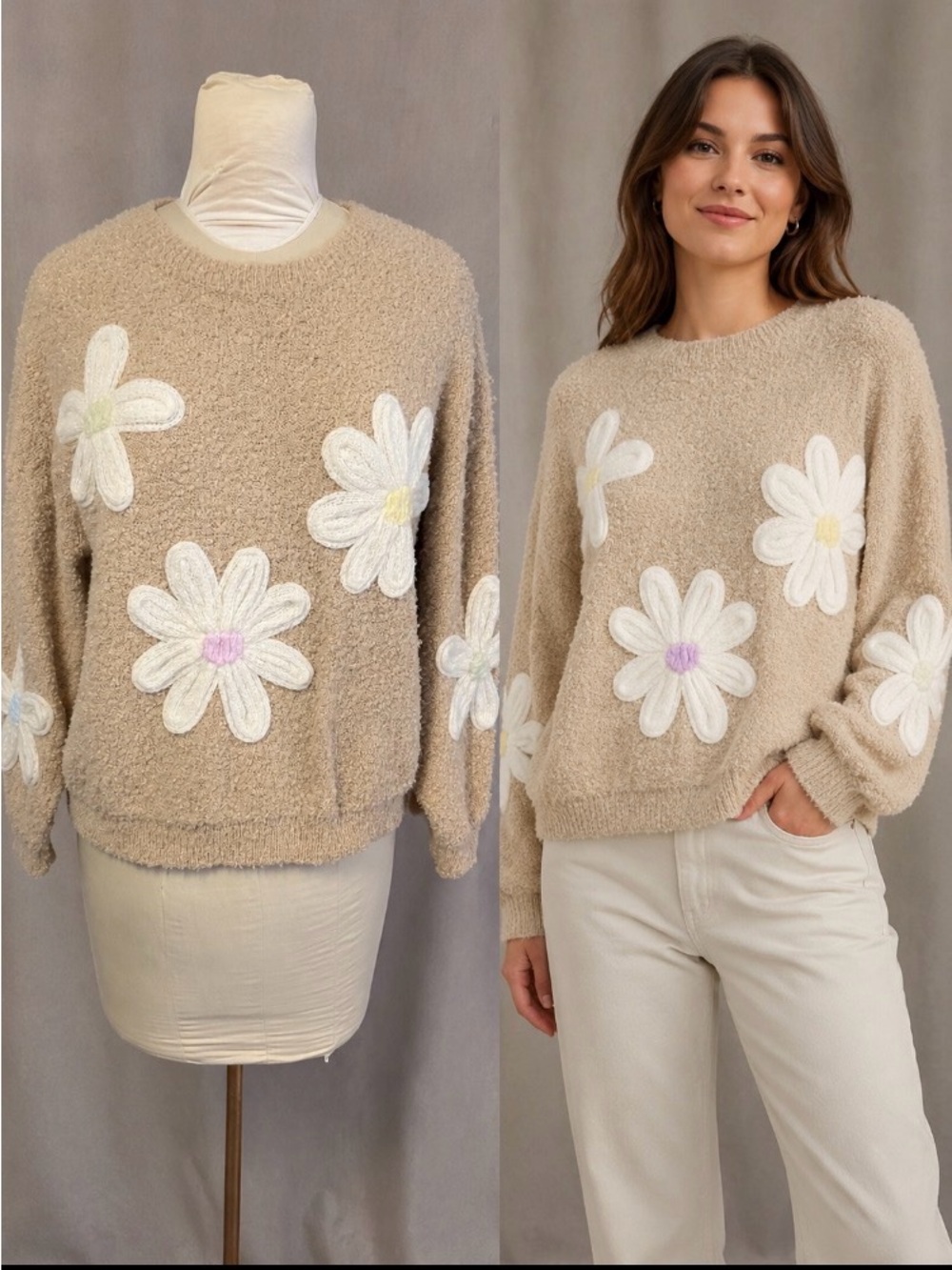 Threaded Leaf Beige Daisy Embroidered Cozy Sweater Size L